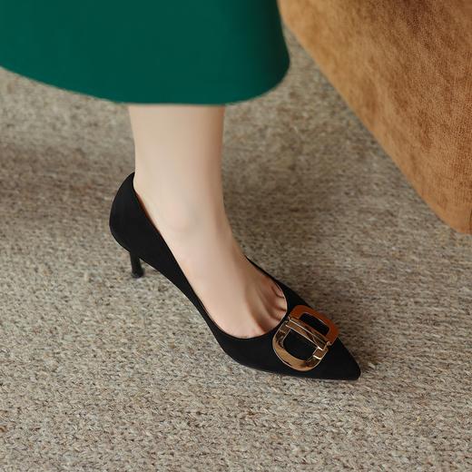 阿么手工女鞋百搭洋气高跟鞋女细跟高级感7CM职业金属扣尖头单鞋 商品图1