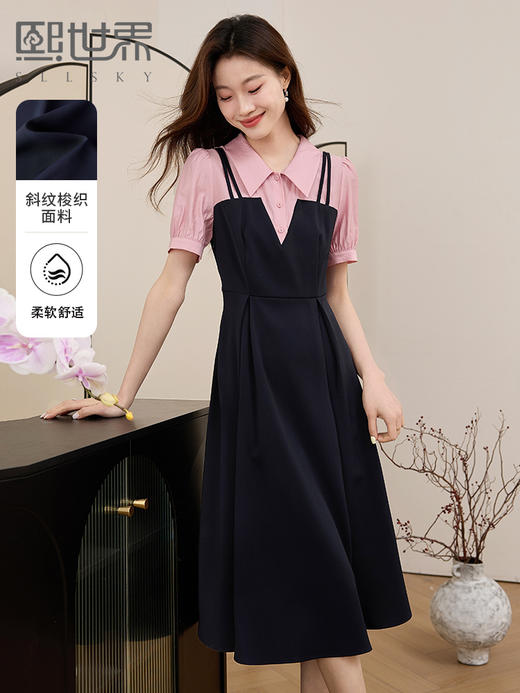 【专属特价】熙世界假两件衬衫领拼接连衣裙夏装新款气质温柔风通勤休闲裙子 商品图0