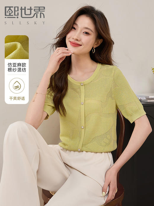 【专属特价】熙世界薄款短袖针织衫女2025夏天新款气质提花圆领正肩冰丝上衣 商品图0