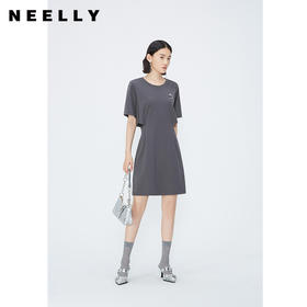 NEELLY纳俪商场同款灰色高级感卫衣裙女休闲镂空收腰中长款连衣裙 N24042Y01052
