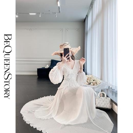 余潇潇【白天鹅舞会】人丝顺纡绉优雅仙女风收腰灯笼袖长短款连衣裙 商品图0