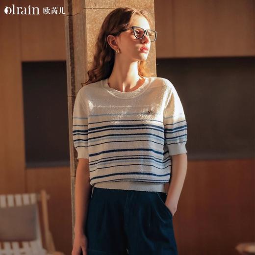 OLrain欧芮儿法式条纹针织衫女春季2024年新款宽松撞色短袖上衣 商品图0