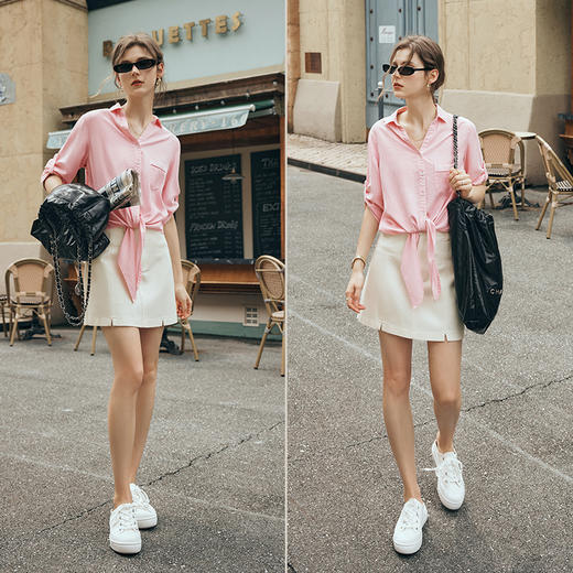 OLrain欧芮儿粉色长袖衬衫女早春2024年新款宽松休闲绑带衬衣上衣 商品图4