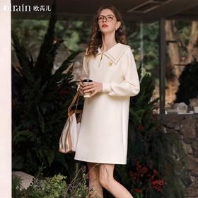 OLrain欧芮儿杏色休闲连衣裙女春季2024年新款设计感翻领卫衣裙