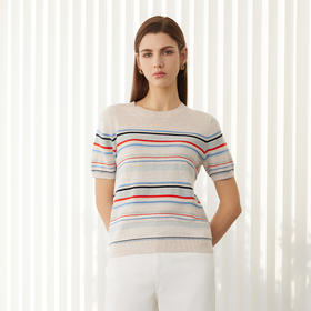 【棉麻条纹针织套衫】24年春夏新品女士圆领时尚条纹撞色短袖针织上衣