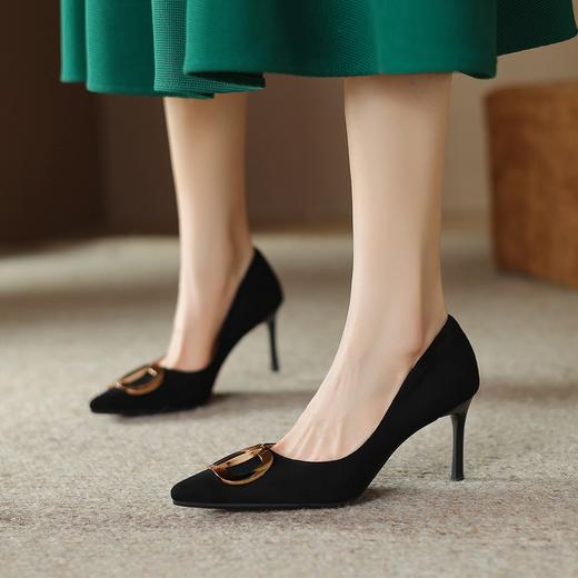 阿么手工女鞋百搭洋气高跟鞋女细跟高级感7CM职业金属扣尖头单鞋 商品图2