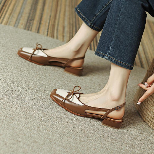 【预售5天】文艺复古拼色凉鞋女真皮2024夏季方头蝴蝶结包头女鞋低跟粗跟XXMN&F-347 商品图2