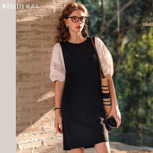 欧芮儿法式赫本风蕾丝镂空拼接连衣裙女春夏2024新款撞色中长裙 商品图0