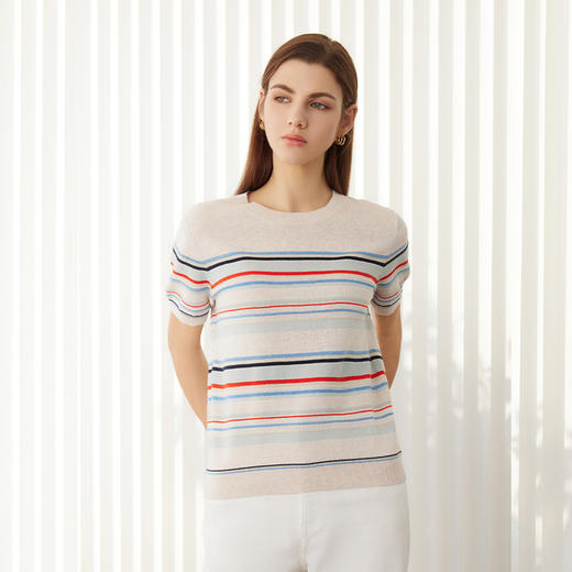 【棉麻条纹针织套衫】24年春夏新品女士圆领时尚条纹撞色短袖针织上衣 商品图1