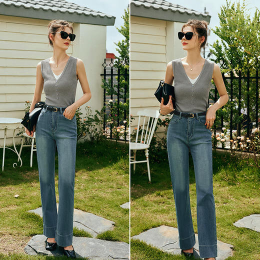 OLrain欧芮儿灰色背心吊带女早春2024新款修身假两件撞色V领马甲 商品图4