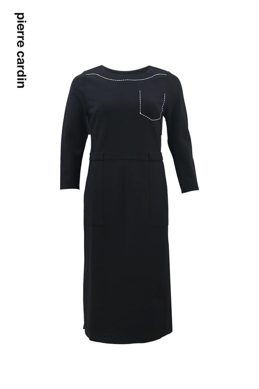 皮尔卡丹女装2024春夏新款黑色简约通勤风连衣裙C42DL30B0 商品图1