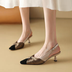 【预售5天】法式绸缎尖头细跟高跟鞋2024春夏季露跟后空凉鞋拼色气质单鞋子女XXMY&461