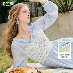 两三事香香公主2024夏季新款小清新蕾丝拼接玫瑰花纹连衣裙