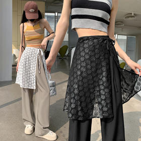 YH-330956小众设计感叠穿复古蕾丝西裤两件套ins围裙网纱裙垂感阔腿裤