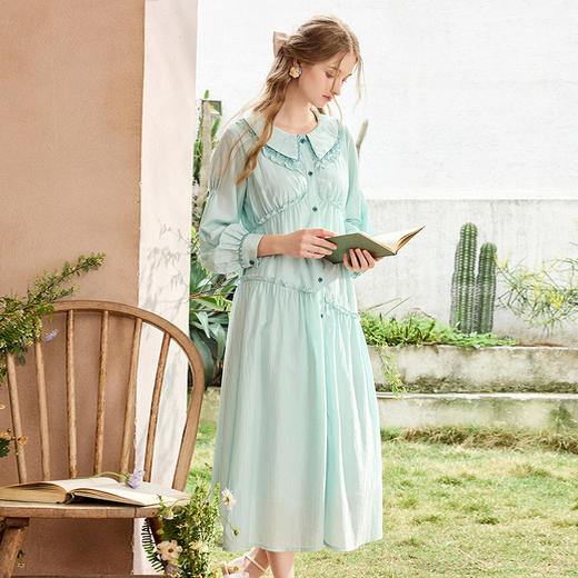 两三事停在云边2024夏季新款小清新花边翻领荷叶边连衣裙长裙 商品图4