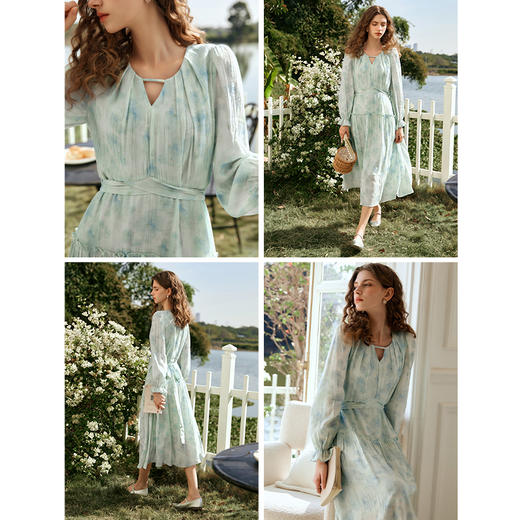 欧芮儿法式碎花连衣裙女初春2024新款v领蓝色浪漫气质茶歇长裙 商品图2