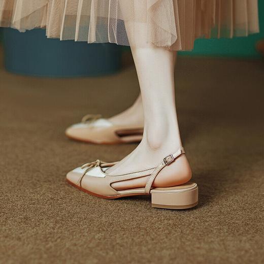【预售5天】文艺复古拼色凉鞋女真皮2024夏季方头蝴蝶结包头女鞋低跟粗跟XXMN&F-347 商品图4