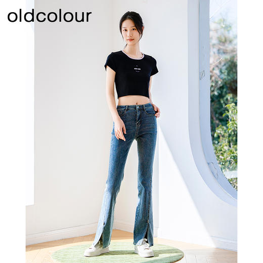 oldcolour蓝色牛仔裤夏季新款高腰显瘦时尚开叉微喇裤女P21113176 商品图2