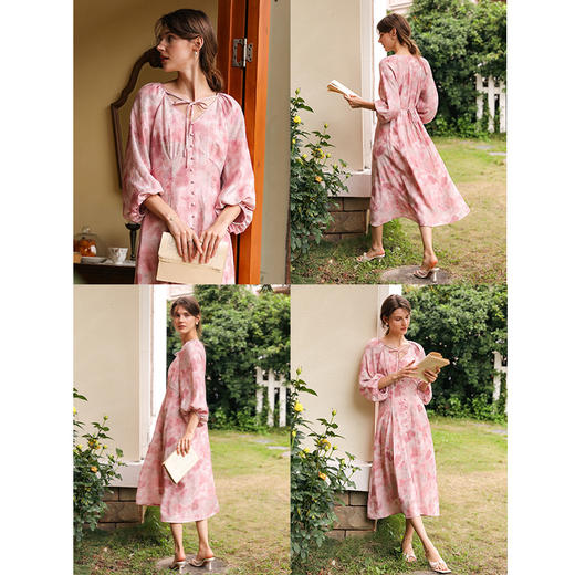 OLrain欧芮儿法式茱萸粉连衣裙女春季2024年新款茶歇碎花长袖裙子 商品图1