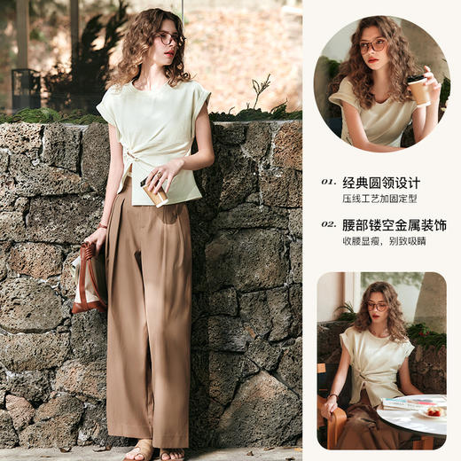 OLrain欧芮儿奶茶色T恤女早春2024新款百搭别致不规则短袖上衣 商品图3