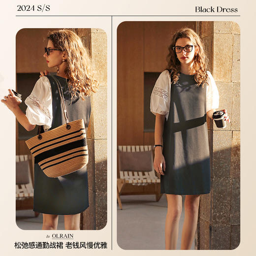 欧芮儿法式赫本风蕾丝镂空拼接连衣裙女春夏2024新款撞色中长裙 商品图3