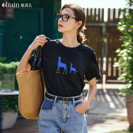 OLrain欧芮儿黑色短袖T恤女夏季2024年新款精致绣花宽松百搭上衣 商品图0