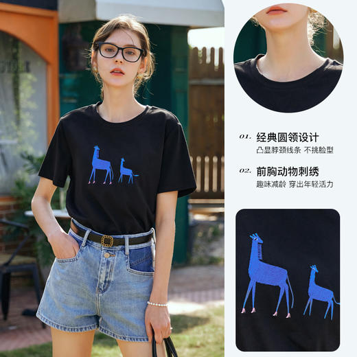 OLrain欧芮儿黑色短袖T恤女夏季2024年新款精致绣花宽松百搭上衣 商品图3