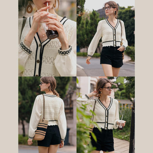 OLrain欧芮儿法式V领针织衫女春季2024新款假两件镂空雪纺衫上衣 商品图2