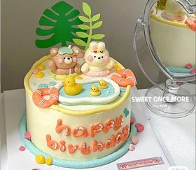 【臻品系列】---手绘立体奶油霜公仔【泳池派对】动物蛋糕