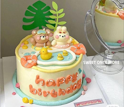 【臻品系列】---手绘立体奶油霜公仔【泳池派对】动物蛋糕 商品图0