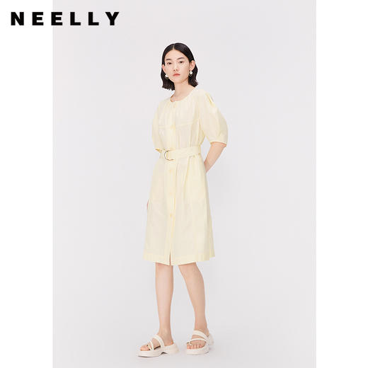 NEELLY纳俪商场同款淡黄色温柔收腰连衣裙女夏气质百搭显瘦大摆裙 N24041Y01021 商品图0