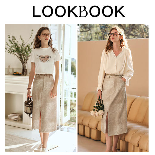 OLrain欧芮儿燕麦色半身裙女春季2024年新款高级水墨印花直筒半裙 商品图4