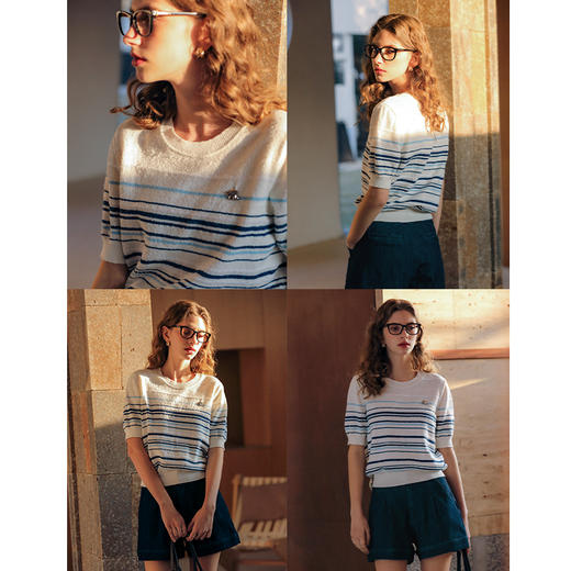 OLrain欧芮儿法式条纹针织衫女春季2024年新款宽松撞色短袖上衣 商品图2