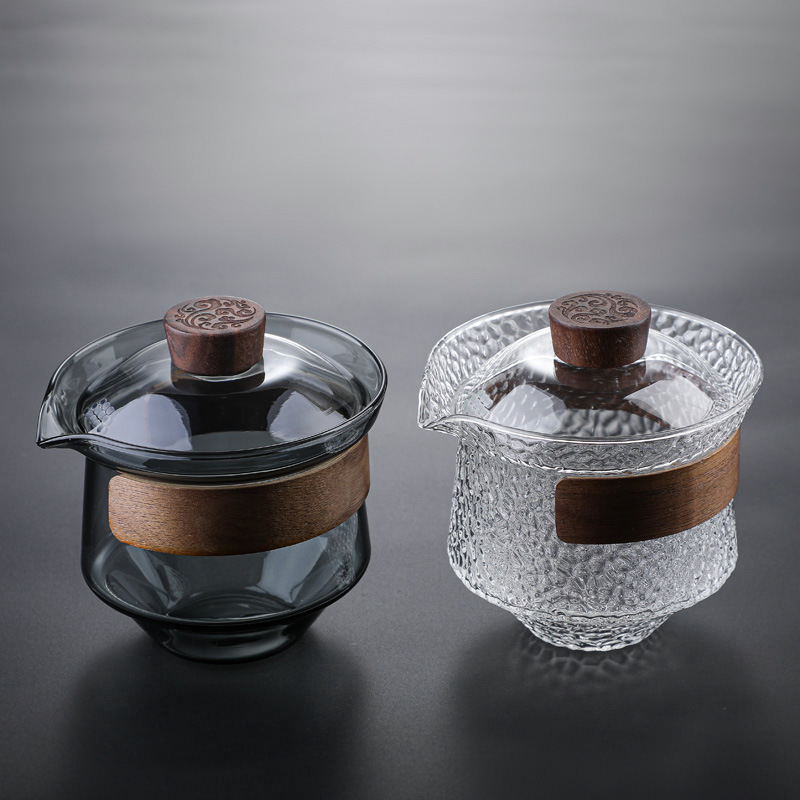 益思泉丨暮雨 锤纹盖碗 高硼硅玻璃 茶具 约230ml 胡桃木 透明/烟灰