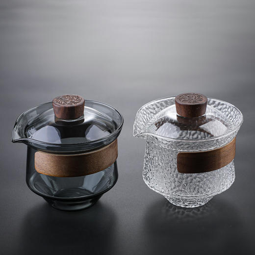 益思泉丨暮雨 锤纹盖碗 高硼硅玻璃 茶具 约230ml 胡桃木 透明/烟灰 商品图0