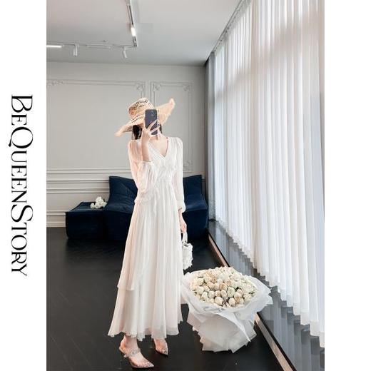 余潇潇【白天鹅舞会】人丝顺纡绉优雅仙女风收腰灯笼袖长短款连衣裙 商品图4