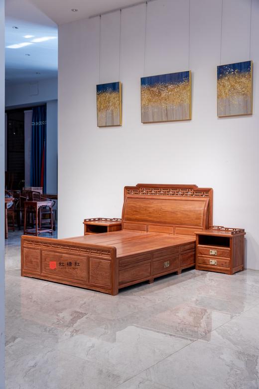 红桥红  家具严选  缅甸花梨（大果紫檀）【150 曲尺弯背素面 高低床 三件套】 商品图1