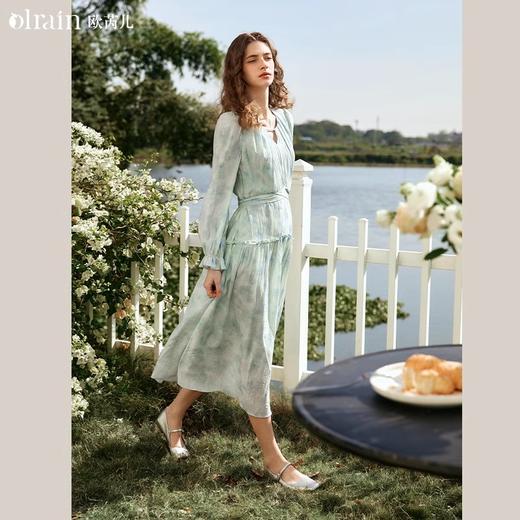 欧芮儿法式碎花连衣裙女初春2024新款v领蓝色浪漫气质茶歇长裙 商品图1