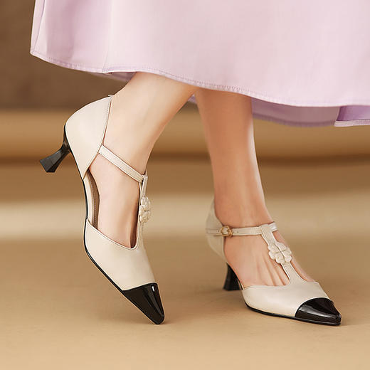 【预售5天】优雅百搭撞色，细跟里外全皮山茶花凉鞋DMJ&81783F 商品图5