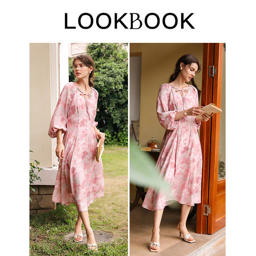 OLrain欧芮儿法式茱萸粉连衣裙女春季2024年新款茶歇碎花长袖裙子 商品图4