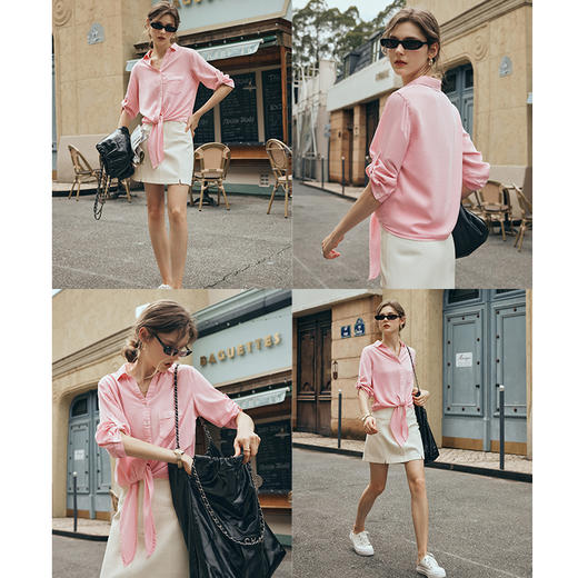 OLrain欧芮儿粉色长袖衬衫女早春2024年新款宽松休闲绑带衬衣上衣 商品图2