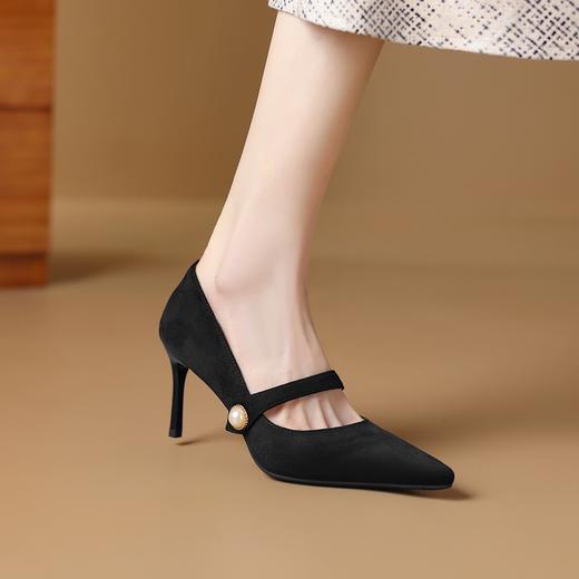 阿么手工女鞋气质名媛一字带珍珠细跟高跟鞋7CM复古百搭尖头单鞋 商品图3