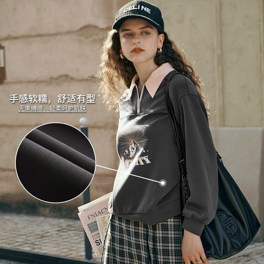 OLrain欧芮儿美式POLO领卫衣女春季2024年新款宽松复古印花上衣 商品图3