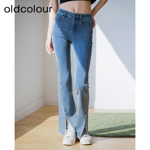 oldcolour蓝色牛仔裤夏季新款高腰显瘦时尚开叉微喇裤女P21113176 商品图0