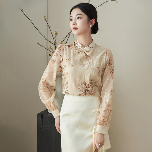 复古风新中式，改良植绒炒色提花衬衣WLZD-2411109 商品图0