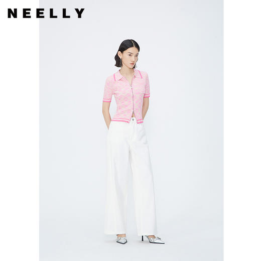 NEELLY纳俪商场同款甜美渐变粉色拉链针织衫女夏修身显瘦短袖上衣 N24042A01036 商品图0