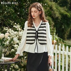 OLrain欧芮儿黑白色雪纺衫女春季2024新款法式拼接假两件衬衫上衣