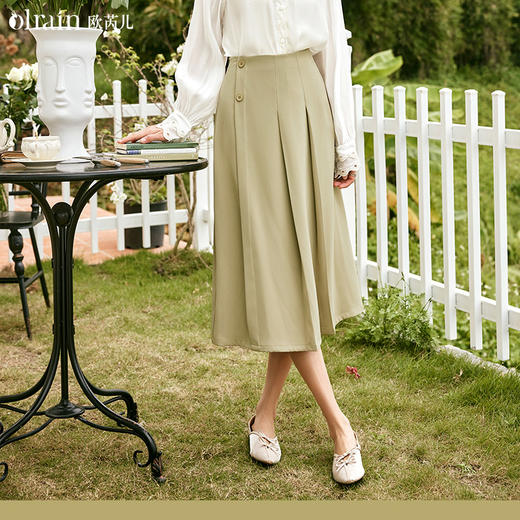OLrain欧芮儿法式黄绿色半身裙女春季2024年新款高腰中长款伞摆裙 商品图0