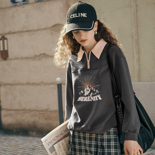 OLrain欧芮儿美式POLO领卫衣女春季2024年新款宽松复古印花上衣 商品图1