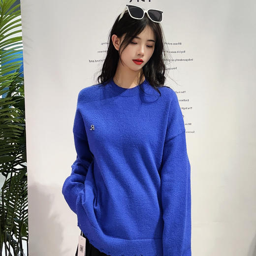 24WS下摆做旧小标净色毛织上衣40206（蓝） 春季 404061032105 商品图0